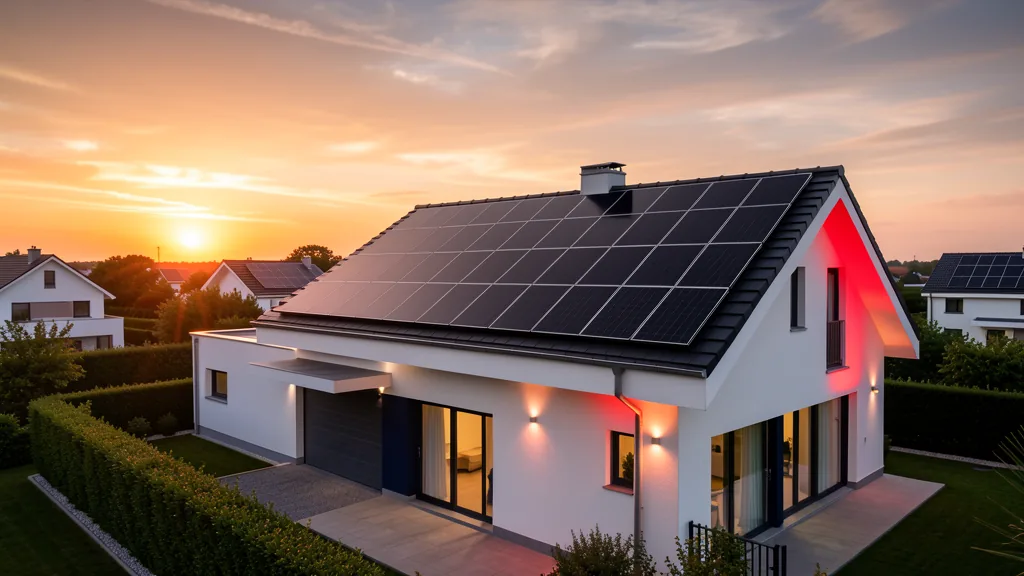 Casa contemporânea com painéis solares ao nascer do sol